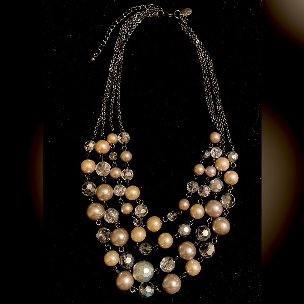 Vintage Lia Sophia Signed 4 Strand Gray Faux Pearls & Crystal Necklace